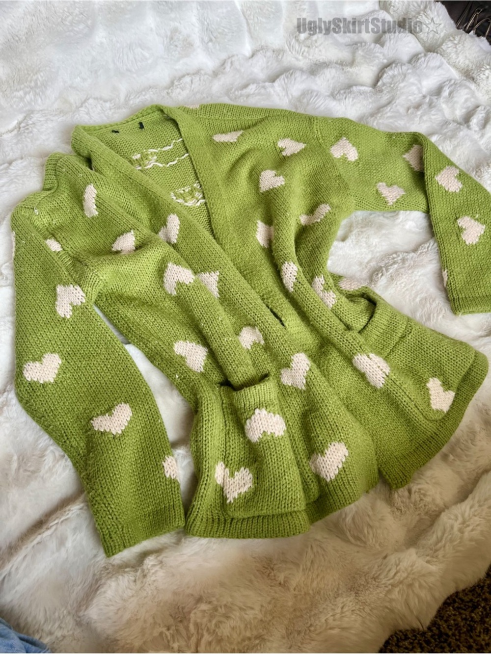 SHEIN Green Heart Cardigan Large Cozy Soft Girl Knit Sweater Cottagecore Preppy